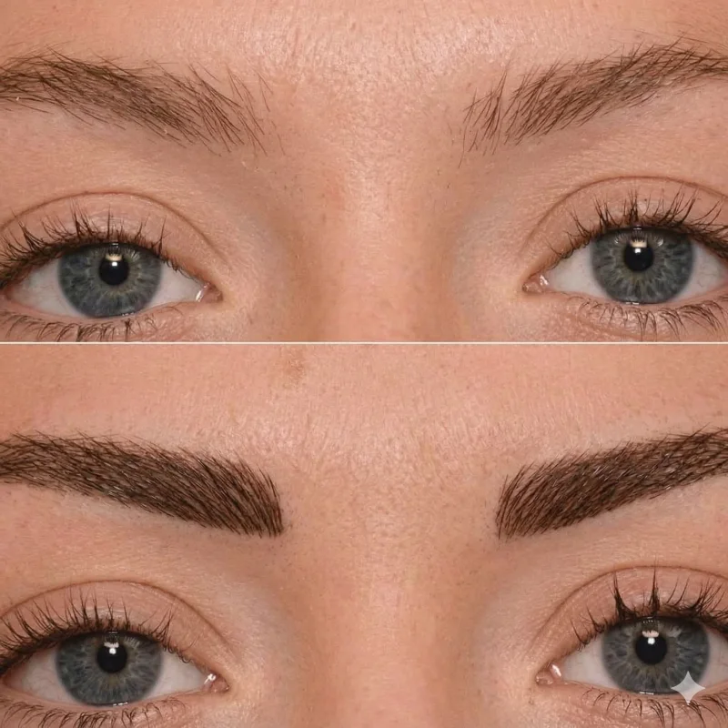 Antes y después de restauración de cejas en Dharma Hair, Medellín