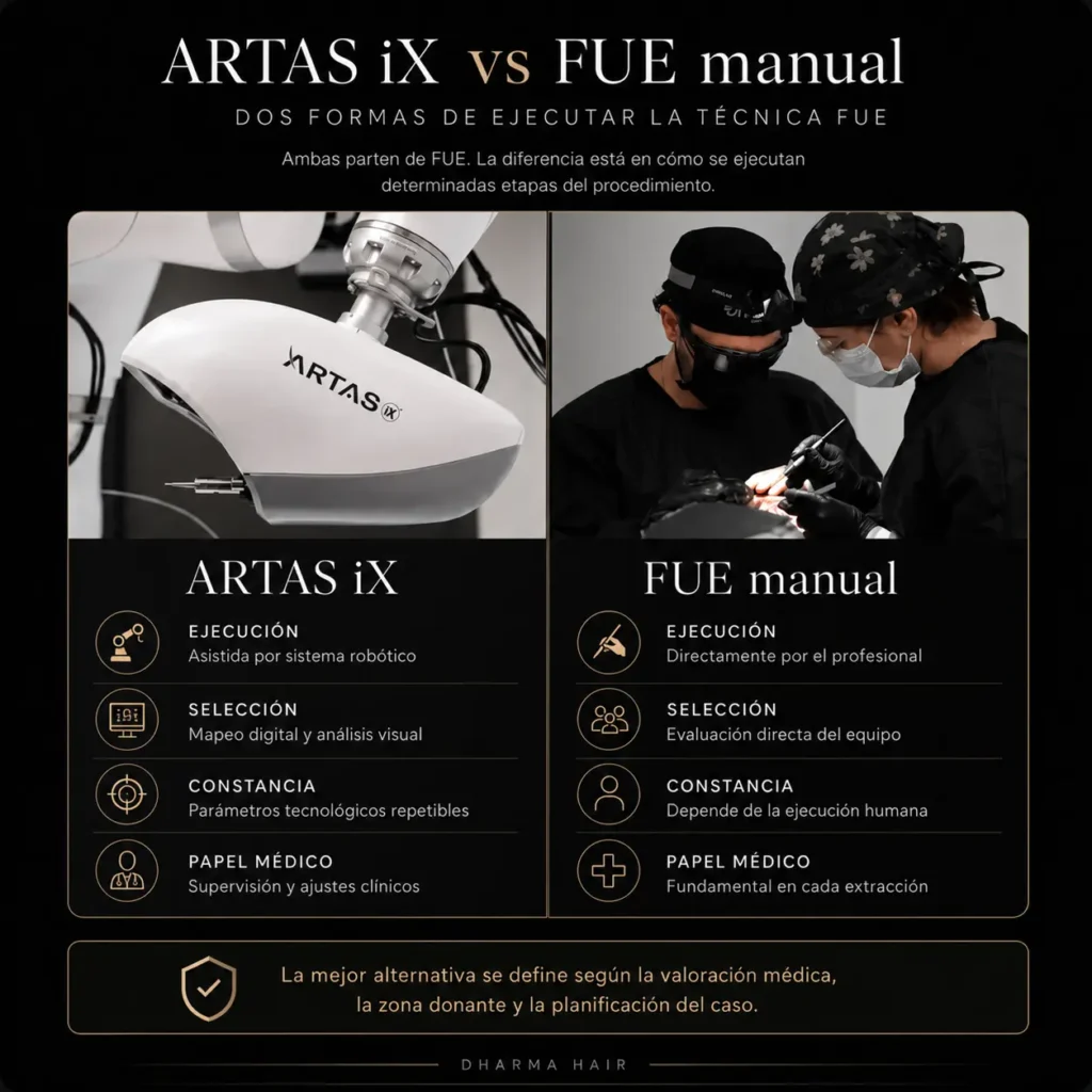 Implante capilar robótico ARTAS iX vs FUE manual-Dharma Hair en Medellín- Técnica FUE
