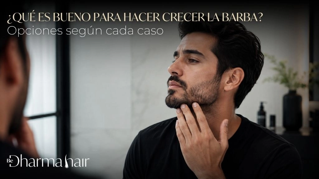 Hombre joven tocándose la barba frente al espejo, evaluando su densidad y crecimiento